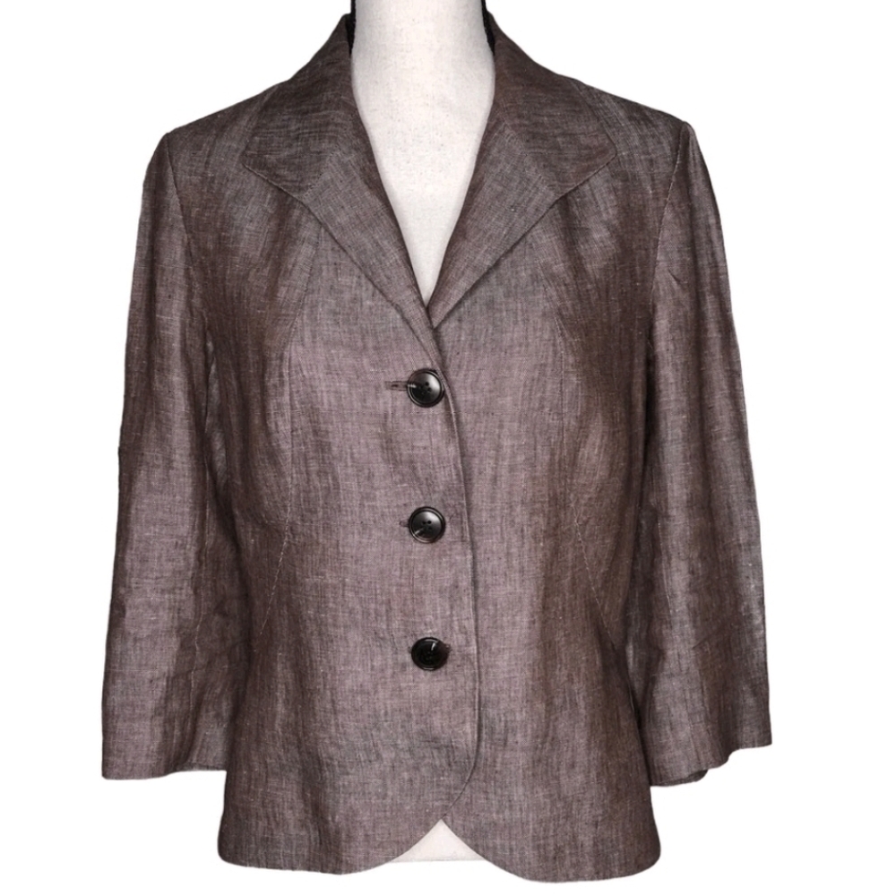 Lafayette 148 Tweedy Brown 100% Linen Three Quarter Sleeve Jacket Size 8